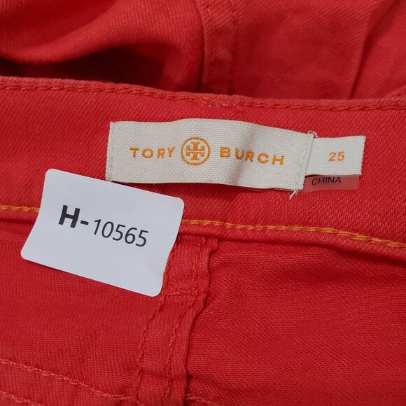 Tory Burch Women Jeans 25 Red Denim Skinny Mid Rise Pockets Logo 27" Inseam - Picture 2 of 11